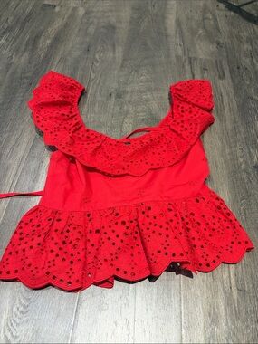 Red Eyelet Ruffle Peplum Top - Women